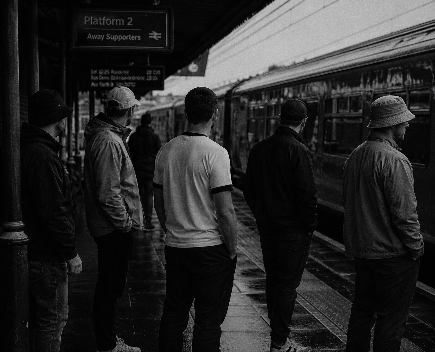 Supporters waiting on a railway platform
